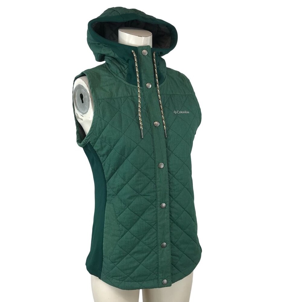 COLUMBIA ~ WOMENS XS ~ GREEN QUILTED BUTTON UP HOODED VEST